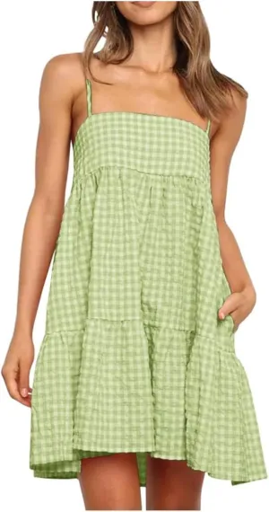 Summer Dresses for Women 2025 Casual Spaghetti Strap Ruffle Mini Dress Vacation Beach A Line Sundresses with Pockets
