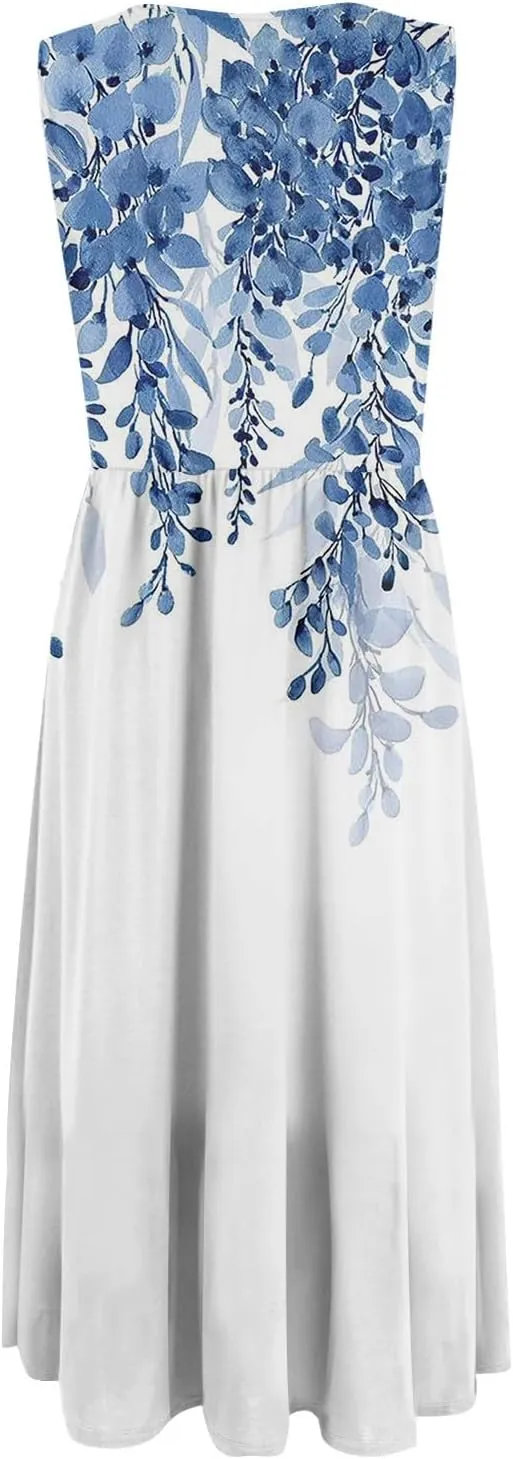 Summer Dresses for Women Casual Sleeveless Midi Dress Swing Tank Sundress Flowy Beach Tshirt Dress with Pockets