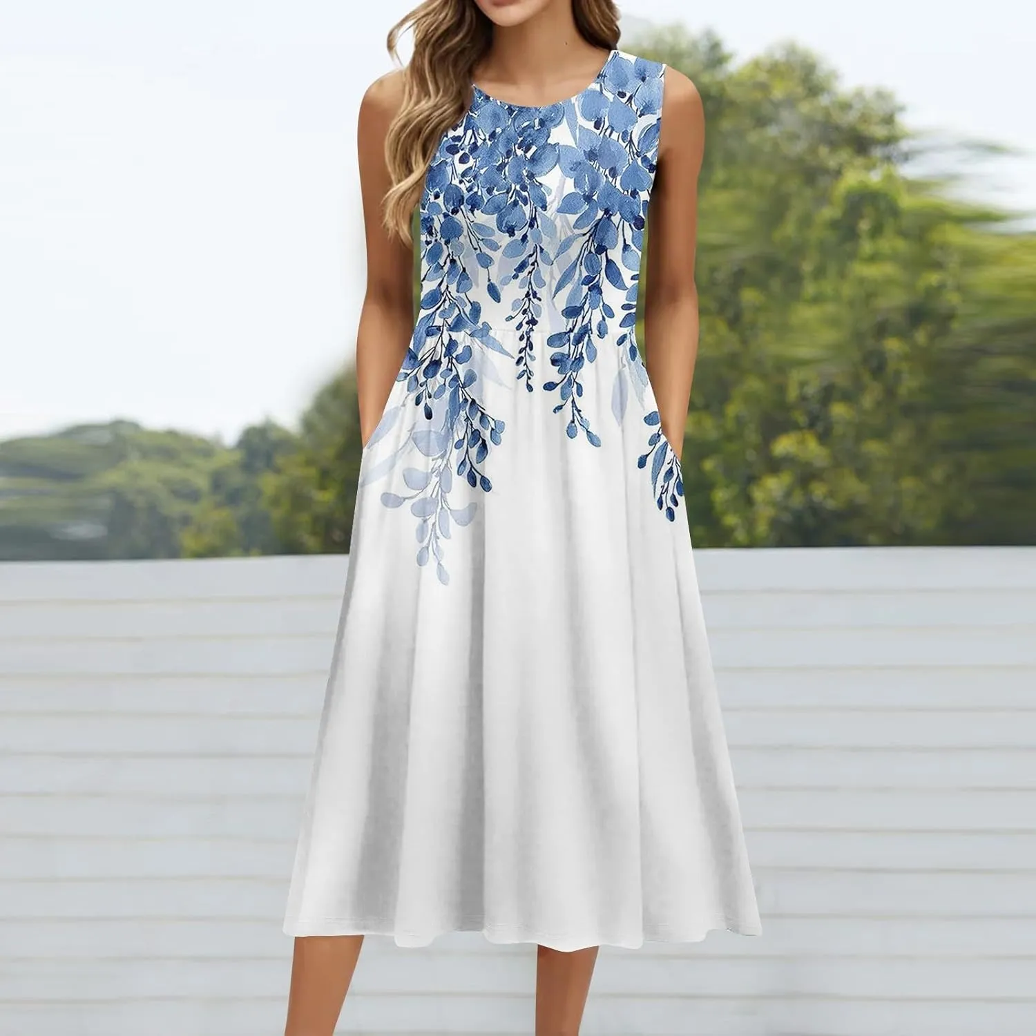 Summer Dresses for Women Casual Sleeveless Midi Dress Swing Tank Sundress Flowy Beach Tshirt Dress with Pockets