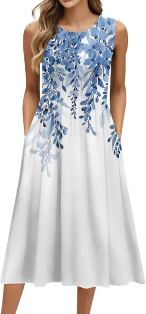 Summer Dresses for Women Casual Sleeveless Midi Dress Swing Tank Sundress Flowy Beach Tshirt Dress with Pockets
