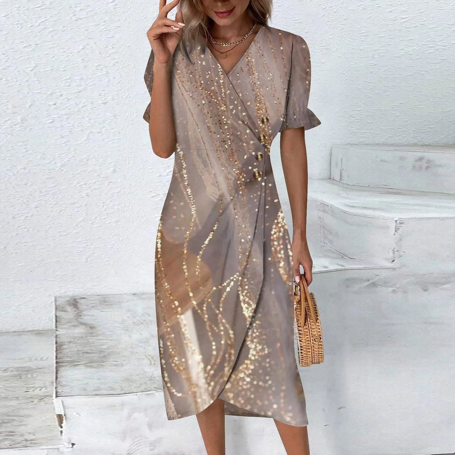 Summer Dresses for Women,Summer Elegant Wrap V Neck Boho Dress Flowy Ruched Hawaiian Maxi Summer Dress