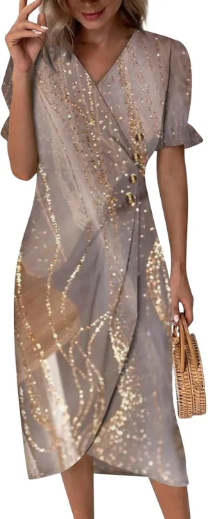 Summer Dresses for Women,Summer Elegant Wrap V Neck Boho Dress Flowy Ruched Hawaiian Maxi Summer Dress