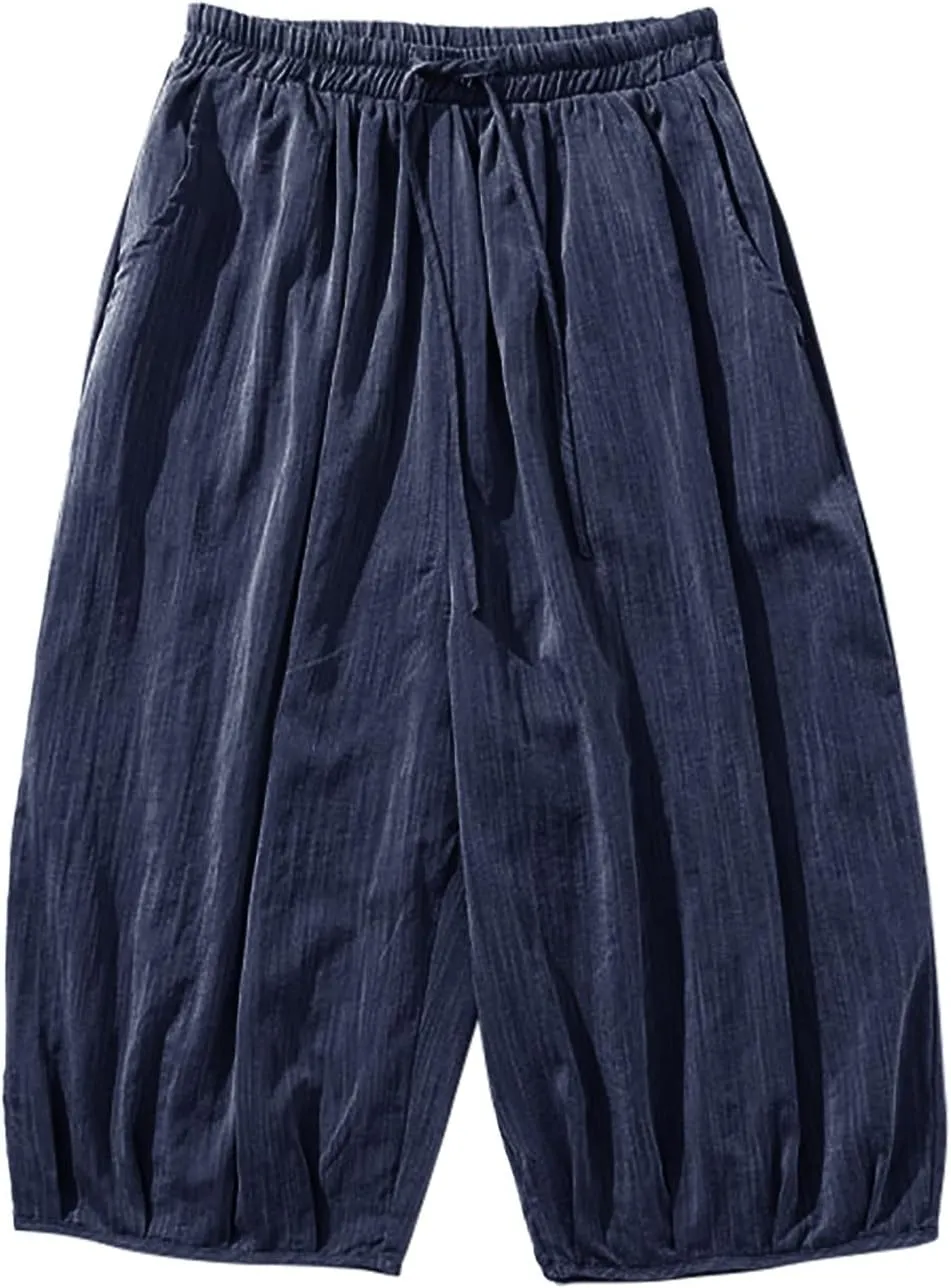 Summer Loose Fit Casual Capri Harem Pants Elastic Waist Wide Leg Baggy Long Shorts Yoga Hippie Slacks Trousers with Pockets