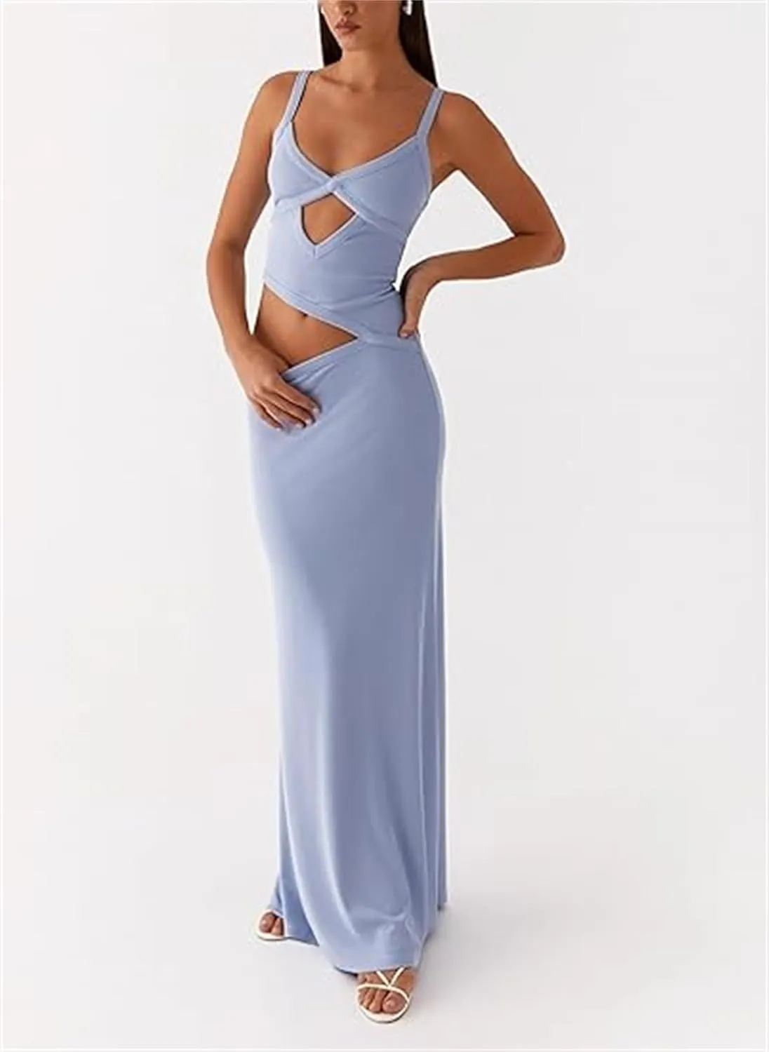 Thopavenoir Women's Sexy Cut Out Maxi Dress Backless Sleeveless Slip Dresses Elegant Bodycon Long Dress Cocktail Partywear