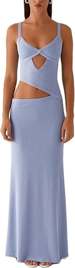 Thopavenoir Women's Sexy Cut Out Maxi Dress Backless Sleeveless Slip Dresses Elegant Bodycon Long Dress Cocktail Partywear