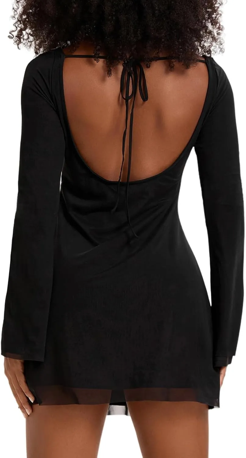 Topcloset Womens Bodice Dress Long Sleeve Dress Backless Flare Mini Dresses Going Out Party Club Dress