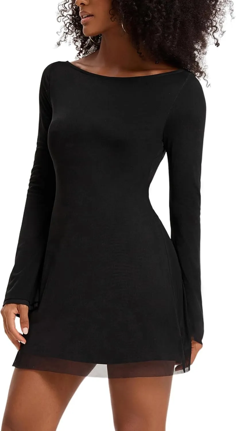Topcloset Womens Bodice Dress Long Sleeve Dress Backless Flare Mini Dresses Going Out Party Club Dress