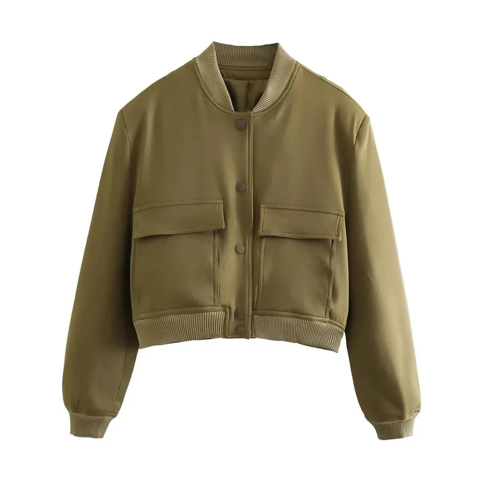 TRAF Women Fashion With Pockets Bomber Jacket Coats Vintage Long Sleeve Front Button Casual Female Outerwear Chic Tops