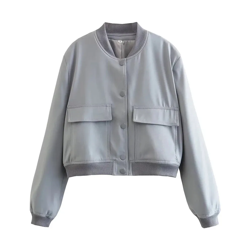 TRAF Women Fashion With Pockets Bomber Jacket Coats Vintage Long Sleeve Front Button Casual Female Outerwear Chic Tops