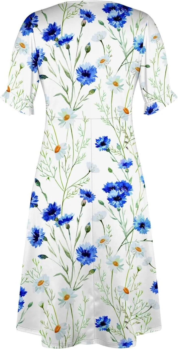 Travel Dresses for Women,Summer Elegant Wrap V Neck Boho Dress Flowy Ruched Hawaiian Maxi Summer Dress