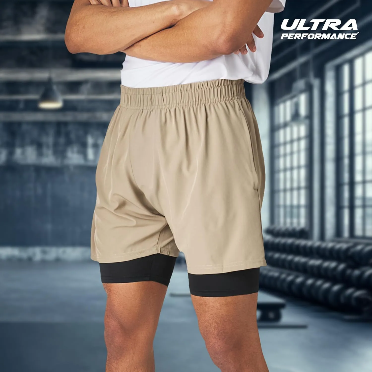 Ultra Performance Men's Athletic 2 in 1 Compression Shorts 2 Pack Mens Gym Workout Running Shorts for Men, 5 Inch Inseam