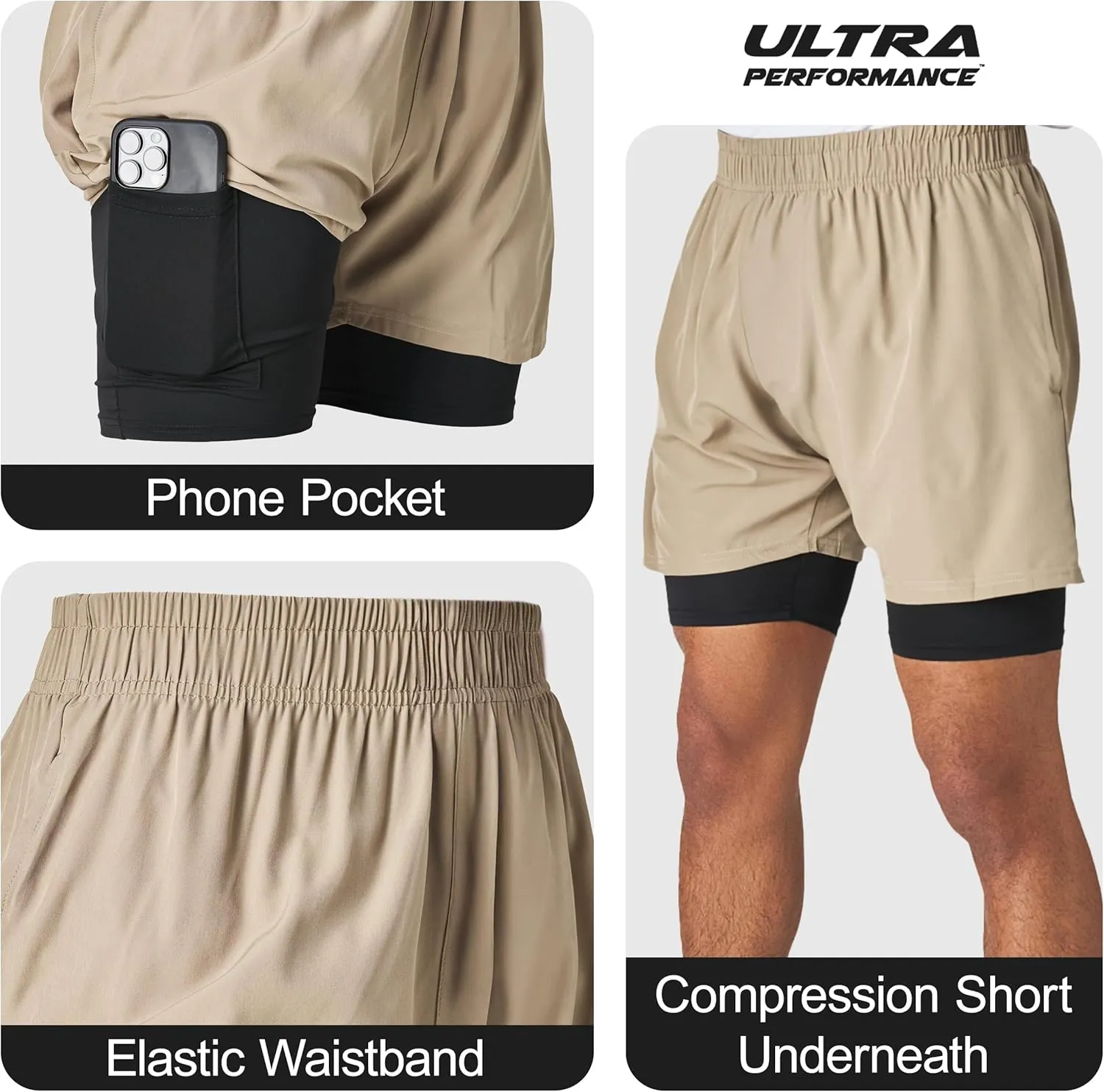 Ultra Performance Men's Athletic 2 in 1 Compression Shorts 2 Pack Mens Gym Workout Running Shorts for Men, 5 Inch Inseam