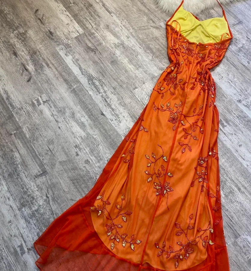 Unique Orange Spaghetti Straps Beaded Prom Dress Evening Gowns Formal Weddings