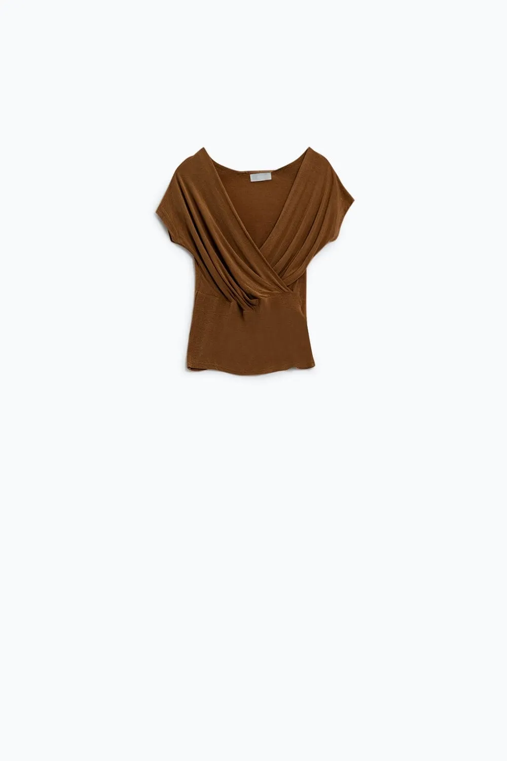 V-Neck Crossed Drapped Fitted Top With Cap Sleeves In Beige