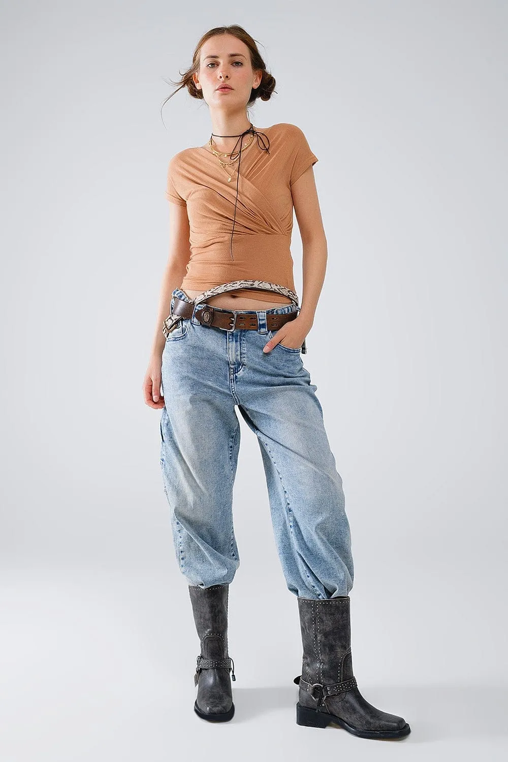 V-Neck Crossed Drapped Fitted Top With Cap Sleeves In Beige