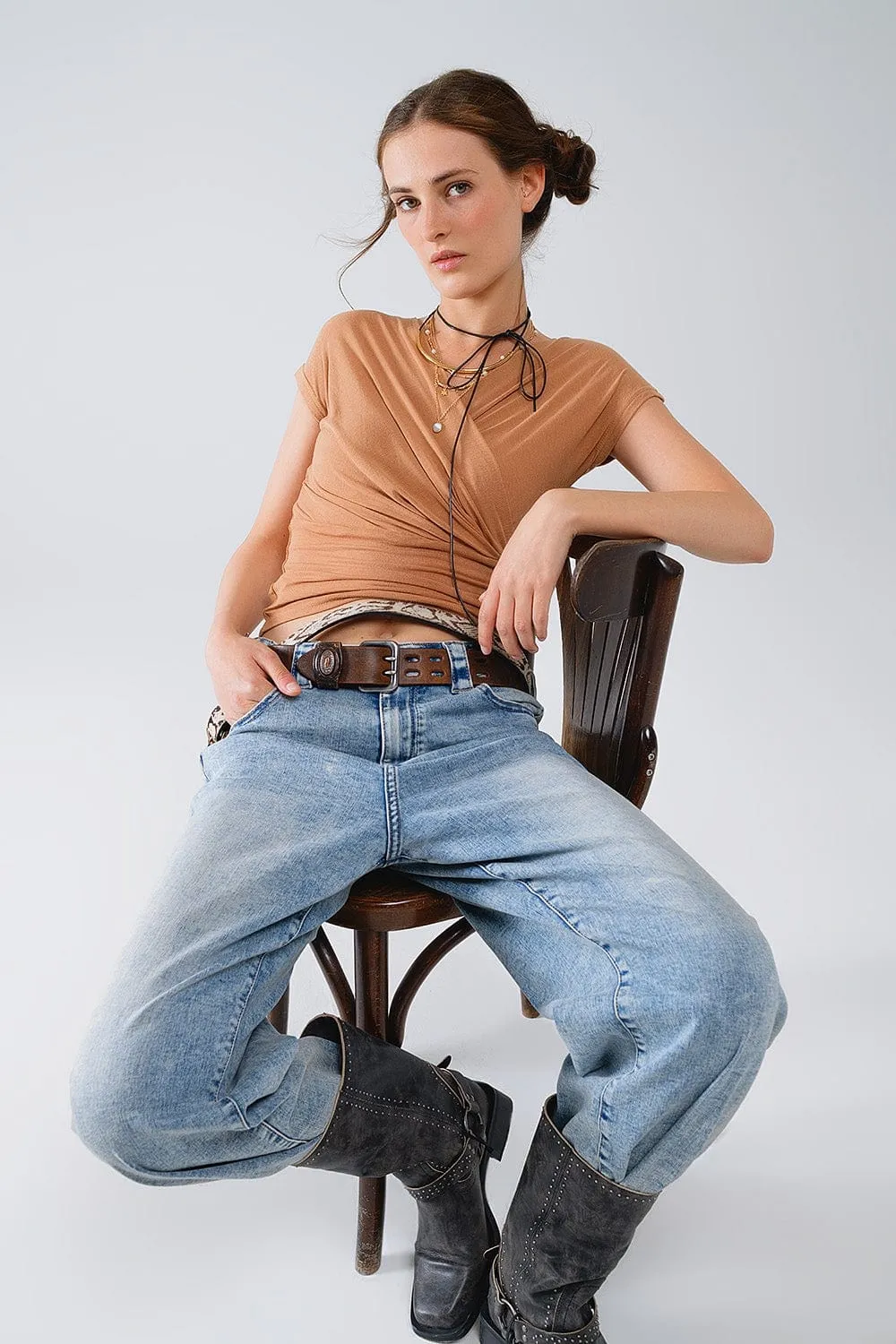 V-Neck Crossed Drapped Fitted Top With Cap Sleeves In Beige