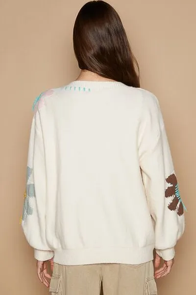 V-Neck Long Sleeve Flower Bohemian Fringe Sweater