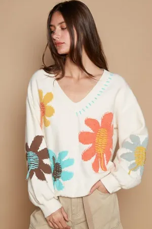 V-Neck Long Sleeve Flower Bohemian Fringe Sweater