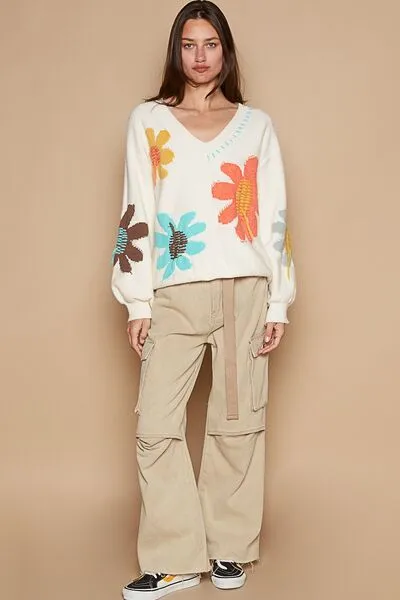 V-Neck Long Sleeve Flower Bohemian Fringe Sweater