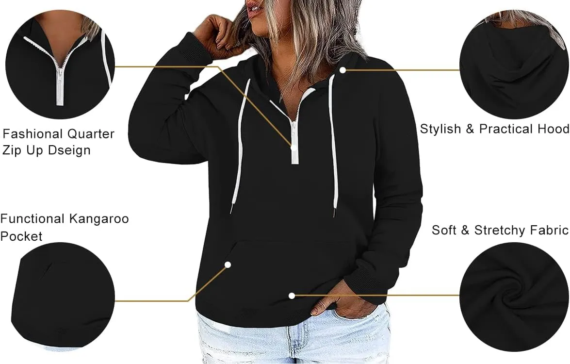 VISLILY Women's-Plus-Size-Hoodies Quarter Zip-Up Hooded Sweatshirts Lightweight Long Sleeve Pullover Tops with Pocket 1X-4X