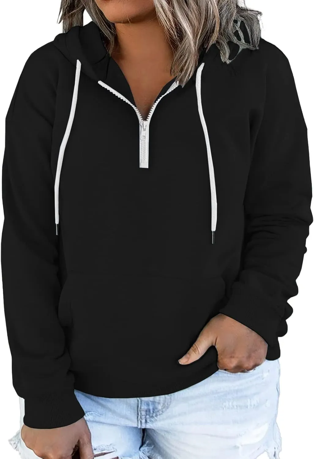 VISLILY Women's-Plus-Size-Hoodies Quarter Zip-Up Hooded Sweatshirts Lightweight Long Sleeve Pullover Tops with Pocket 1X-4X