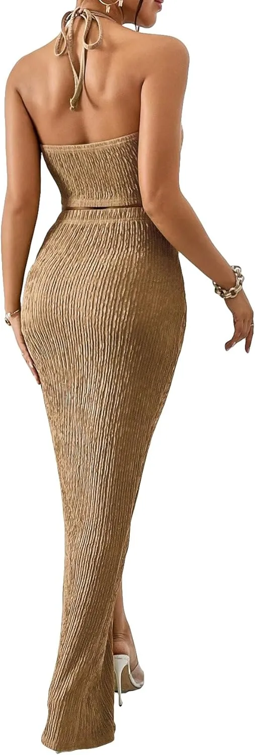 WDIRARA Women's 2 Piece Outfits Strapless Tube Top and Twist Front Split Thigh Skirt