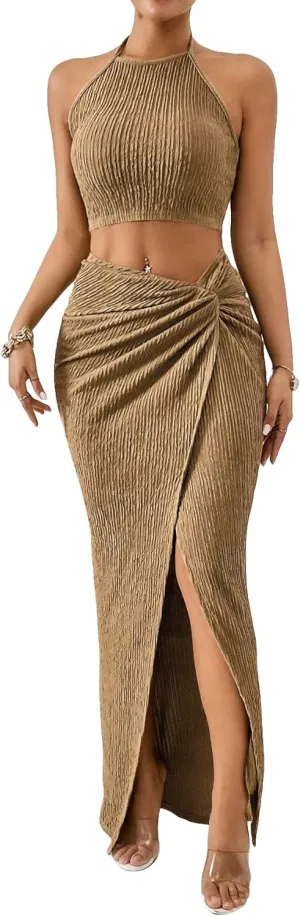 WDIRARA Women's 2 Piece Outfits Strapless Tube Top and Twist Front Split Thigh Skirt