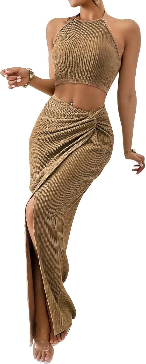 WDIRARA Women's 2 Piece Outfits Strapless Tube Top and Twist Front Split Thigh Skirt