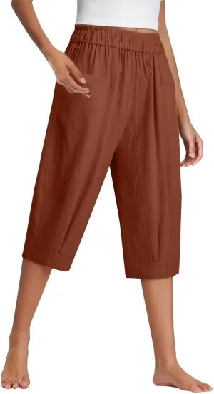 Women Capri Pants Linen Elastic High Waist Tapered Leg with Pockets Causal Loose Fit Summer Beach Lounge Trousers
