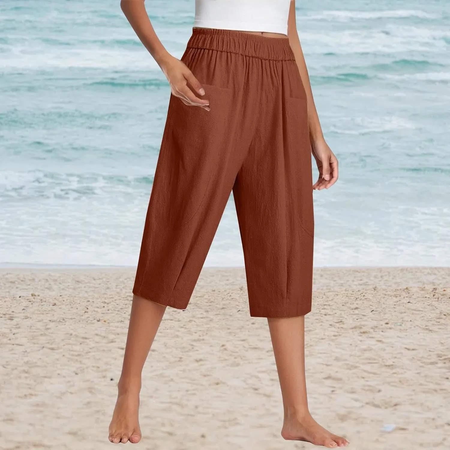 Women Capri Pants Linen Elastic High Waist Tapered Leg with Pockets Causal Loose Fit Summer Beach Lounge Trousers