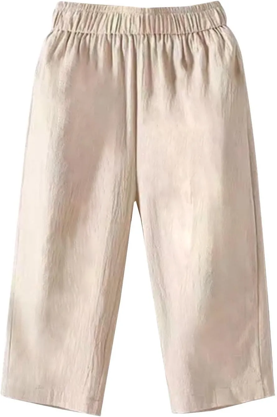 Women Capri Pants Linen Elastic High Waist Tapered Leg with Pockets Causal Loose Fit Summer Beach Lounge Trousers