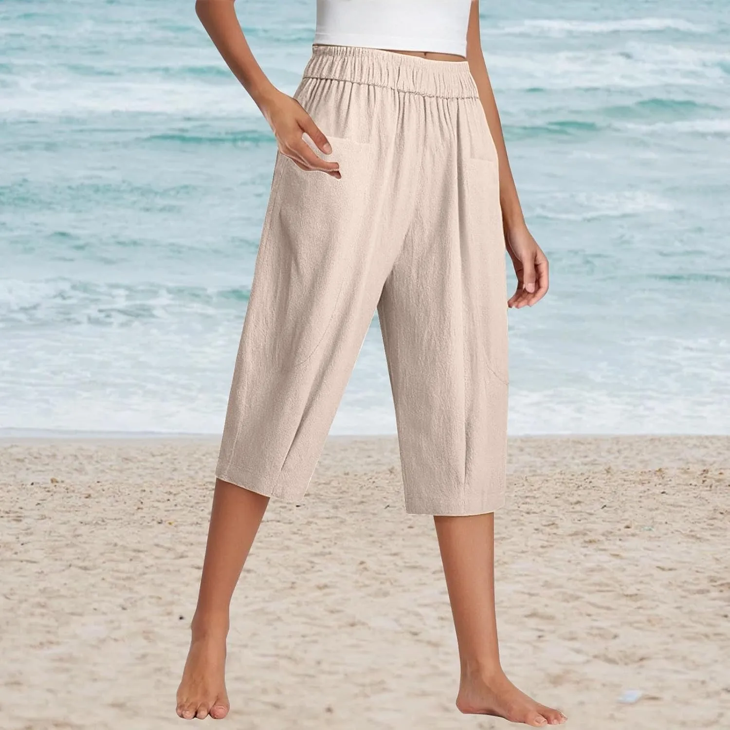 Women Capri Pants Linen Elastic High Waist Tapered Leg with Pockets Causal Loose Fit Summer Beach Lounge Trousers