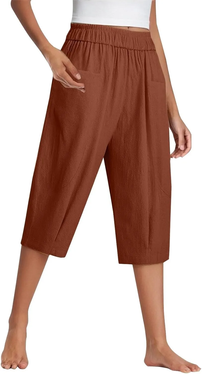 Women Capri Pants Linen Elastic High Waist Tapered Leg with Pockets Causal Loose Fit Summer Beach Lounge Trousers