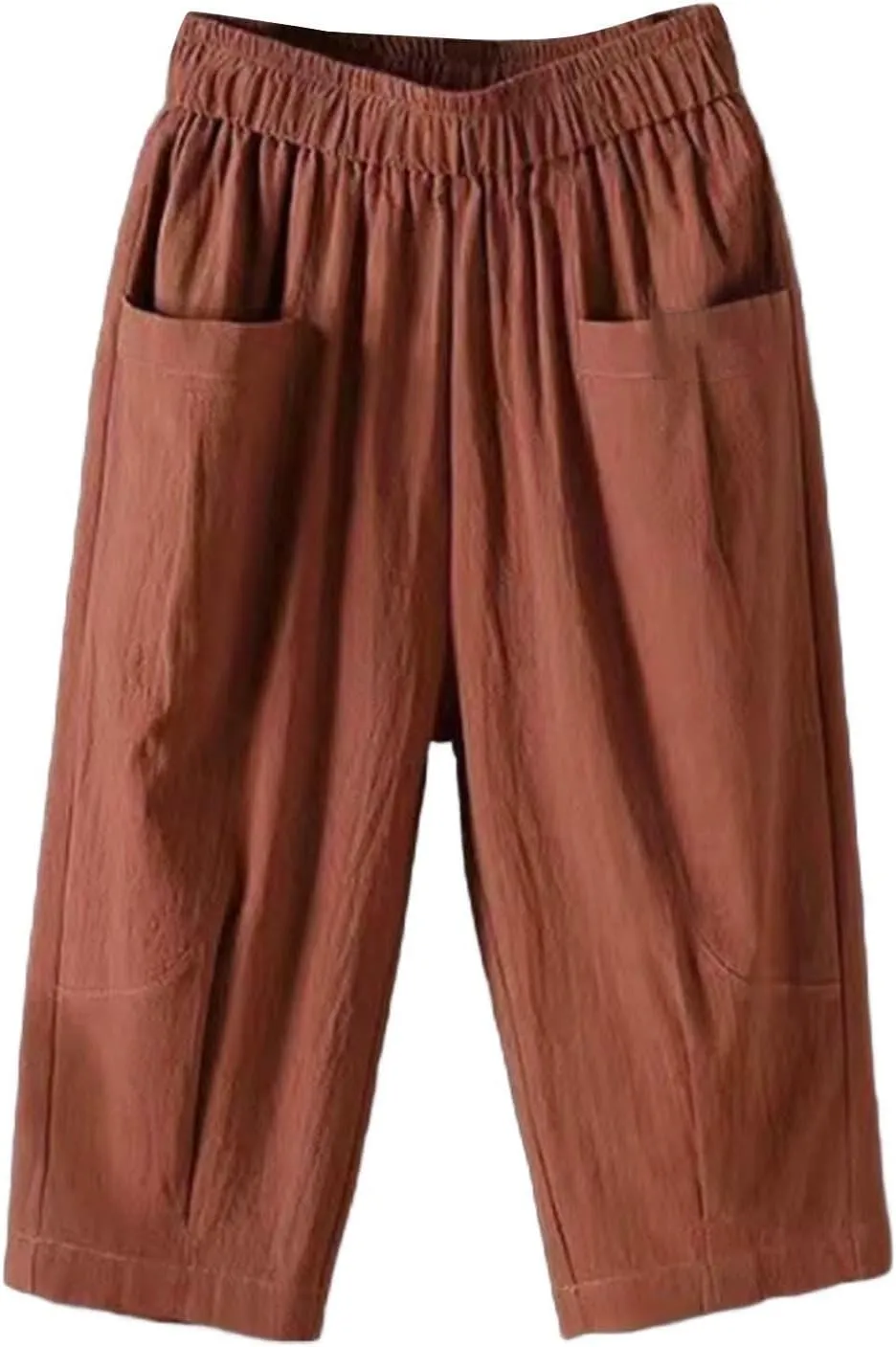 Women Capri Pants Linen Elastic High Waist Tapered Leg with Pockets Causal Loose Fit Summer Beach Lounge Trousers