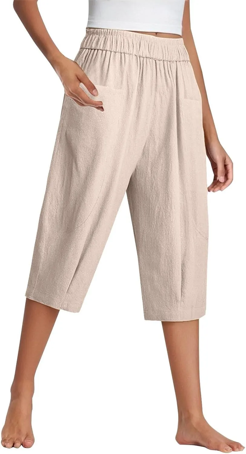 Women Capri Pants Linen Elastic High Waist Tapered Leg with Pockets Causal Loose Fit Summer Beach Lounge Trousers