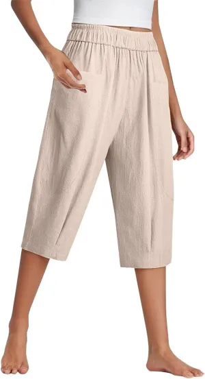 Women Capri Pants Linen Elastic High Waist Tapered Leg with Pockets Causal Loose Fit Summer Beach Lounge Trousers