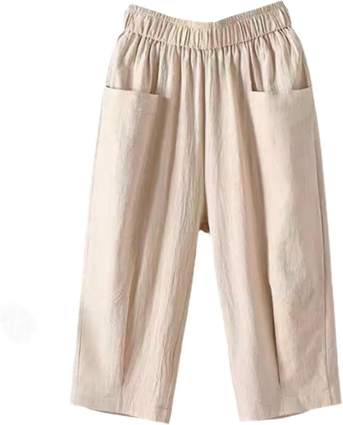 Women Capri Pants Linen Elastic High Waist Tapered Leg with Pockets Causal Loose Fit Summer Beach Lounge Trousers