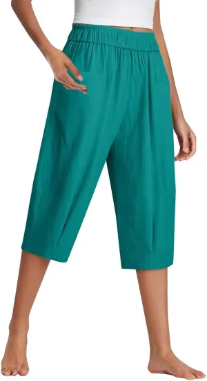 Women Capri Pants Linen Elastic High Waist Tapered Leg with Pockets Causal Loose Fit Summer Beach Lounge Trousers