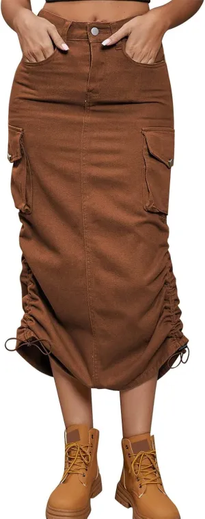 Women Cargo Skirt Casual High Waist Long Skirt Autumn Retro Solid Skirts Vintage Midi Skirts Drawstring Waist