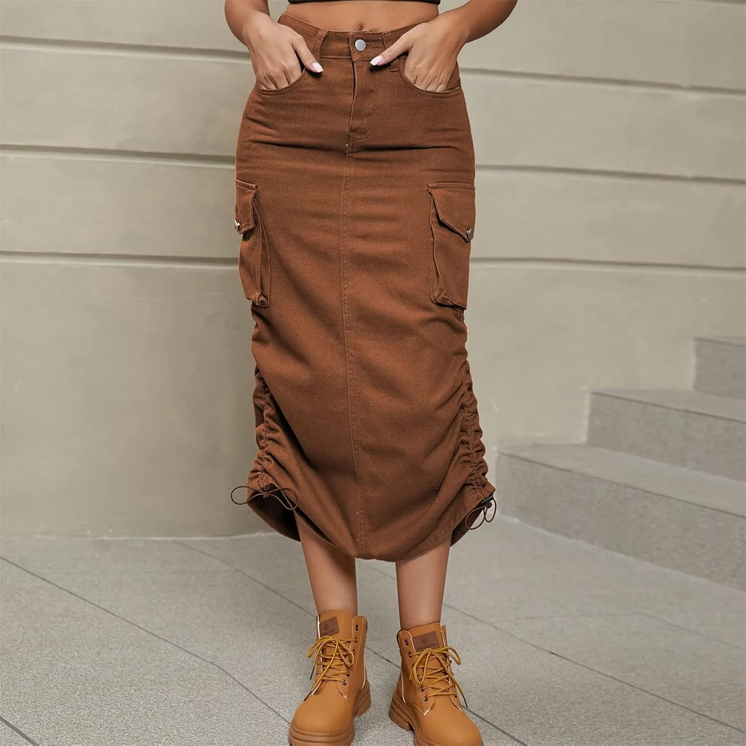 Women Cargo Skirt Casual High Waist Long Skirt Autumn Retro Solid Skirts Vintage Midi Skirts Drawstring Waist