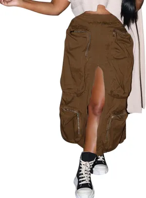Women Cargo Skirt Casual High Waist Long Skirt Autumn Retro Solid Skirts Vintage Midi Skirts Drawstring Waist