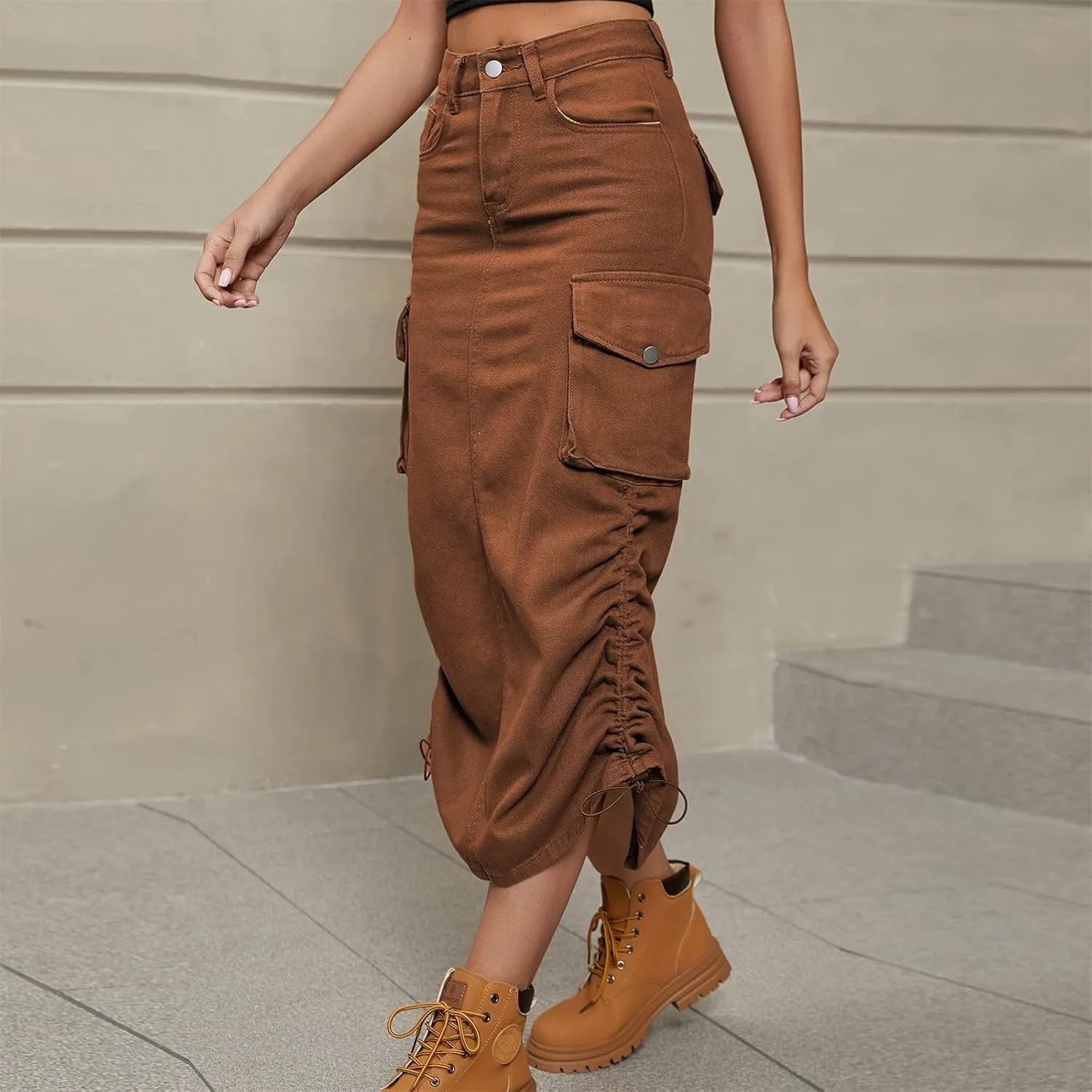 Women Cargo Skirt Casual High Waist Long Skirt Autumn Retro Solid Skirts Vintage Midi Skirts Drawstring Waist