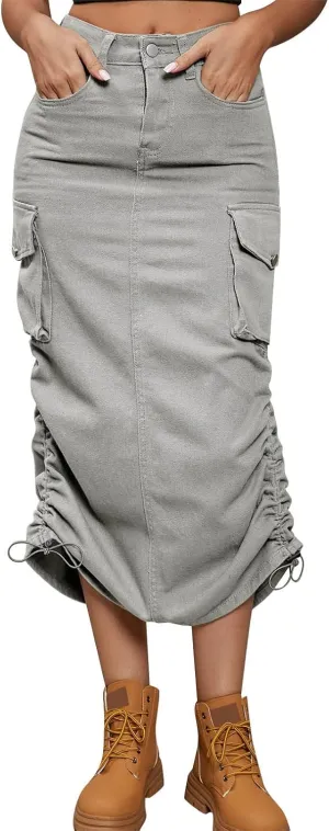 Women Cargo Skirt Casual High Waist Long Skirt Autumn Retro Solid Skirts Vintage Midi Skirts Drawstring Waist