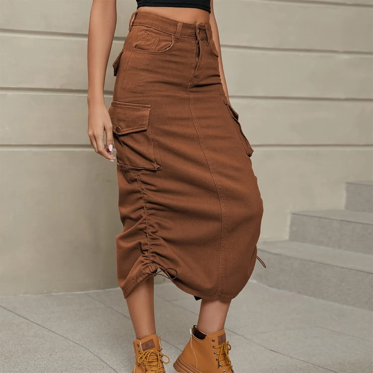 Women Cargo Skirt Casual High Waist Long Skirt Autumn Retro Solid Skirts Vintage Midi Skirts Drawstring Waist