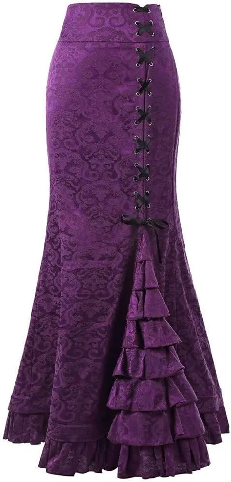 Women Gothic Skirts Victorian Vintage Ruffled Steampunk Fishtail Mermaid Skirt High Waist Bodycon Maxi Long Skirts