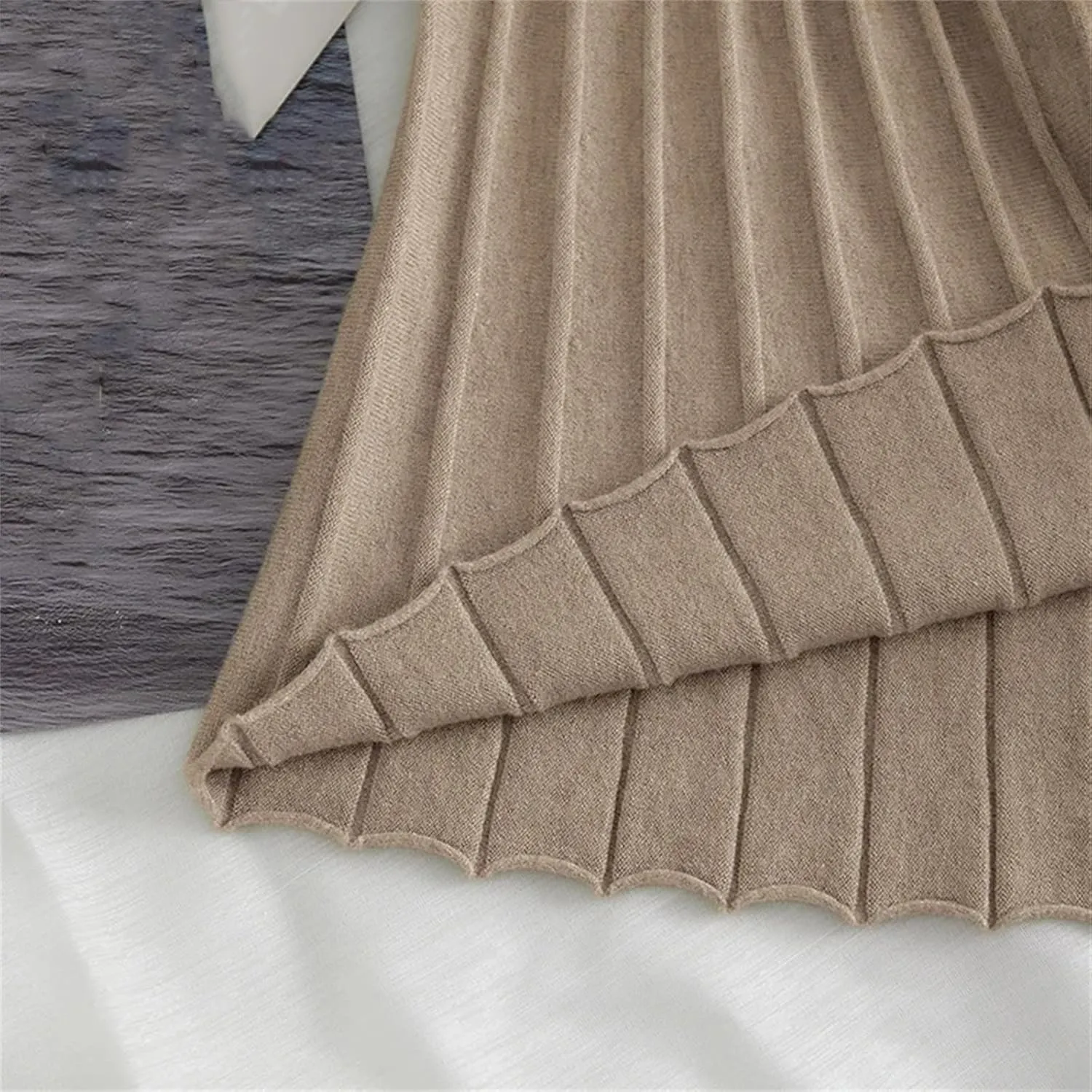 Women Knitted Sweater Skirt Elastic Band Pleated Midi Skirts High Waist A-Line Skirts