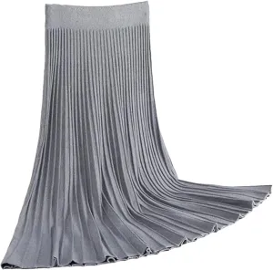Women Knitted Sweater Skirt Elastic Band Pleated Midi Skirts High Waist A-Line Skirts