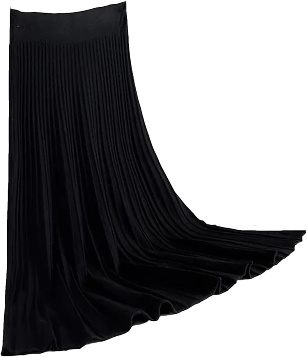 Women Knitted Sweater Skirt Elastic Band Pleated Midi Skirts High Waist A-Line Skirts