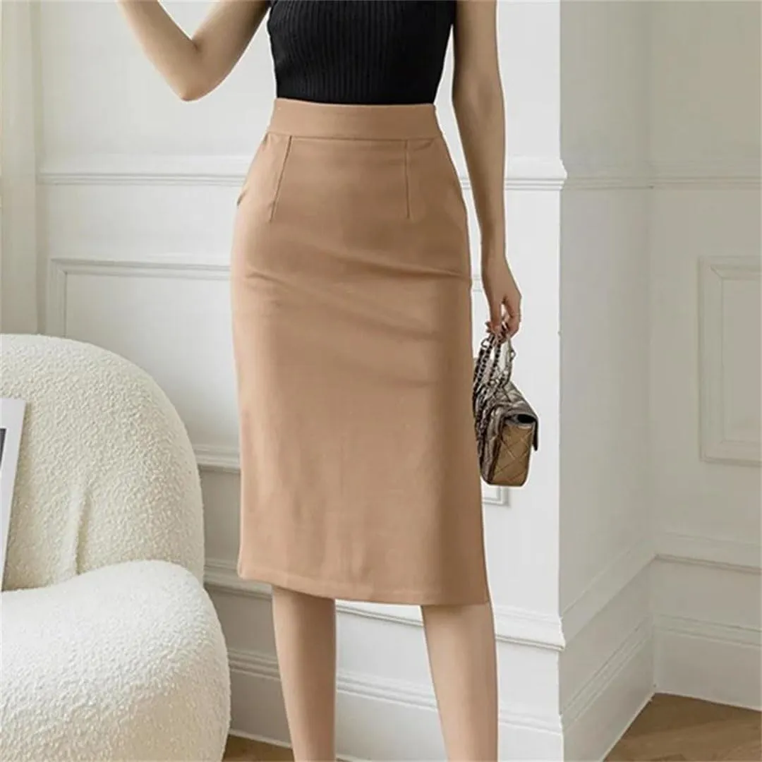 Women Korean High Wiast Office Skirt Long Skirts Elegant Sexy Pockets Midi Pencil Skirt