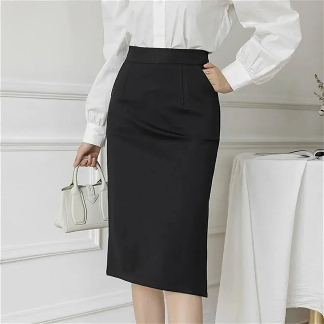 Women Korean High Wiast Office Skirt Long Skirts Elegant Sexy Pockets Midi Pencil Skirt